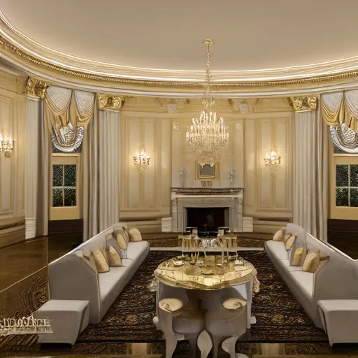 Image similar to extremly detailed luxurious white house interior with champagne on the table, 8 k, octane render, ray traced, global illumination, ultra detailed, photorealistic