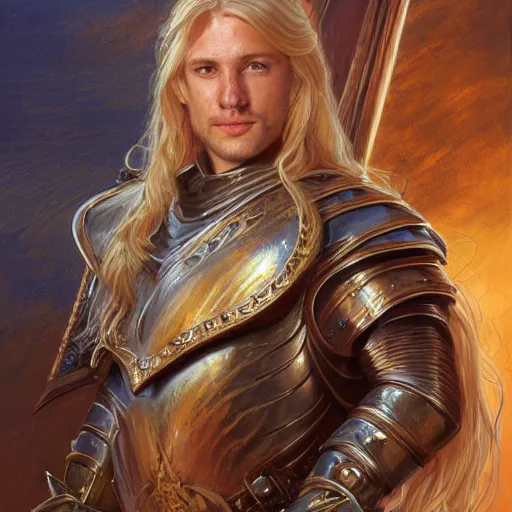 Prompt: Beautiful male cleric with long flowing blonde hair wearing burnished bronze armour emblazoned with a swan on the breastplate wielding a magical scimitar embossed with the phases of the moon, fantasy D&D character, portrait art by Donato Giancola and Bayard Wu, digital art, trending on artstation, 4k