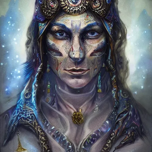 Prompt: an Artstation 3d render of Very very very very highly detailed beautiful mystic portrait of a phantom warrior with galaxy, tattoos by Anton Pieck, intricate, extremely detailed, digital painting, artstation, sharp focus, intimidating lighting, incredible art,