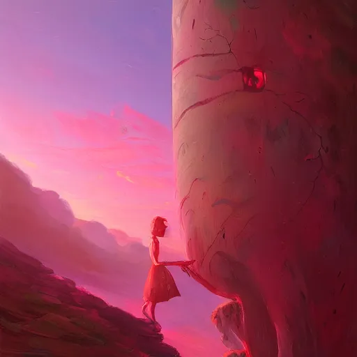 Image similar to giant cherry tree as a head, girl walking in a canyon, surreal photography, sunrise, dramatic light, impressionist painting, colorful clouds, digital painting, artstation, simon stalenhag