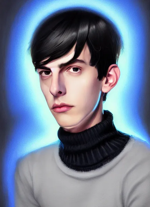 Image similar to portrait of teenage jughead jones wearing a light grey crown, crown, blue turtleneck, closed eyes, photorealistic, black hair, glowing lighting, intricate, elegant, glowing lights, highly detailed, digital painting, artstation, concept art, smooth, sharp focus, illustration, art by wlop, mars ravelo and greg rutkowski