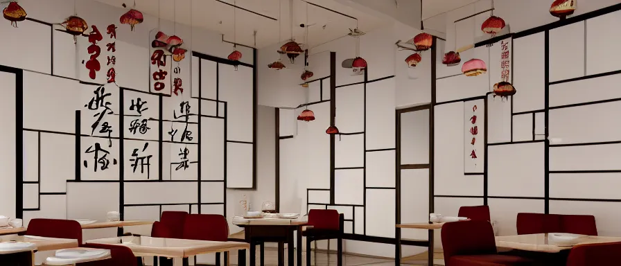 Prompt: a beautiful simple interior render of roasted string hotpot restaurant restaurant yan'an, wall corner, from china, red paper wall and white tile floor, rectangle white porcelain table, fine simple delicate structure, chinese style, simple composition, simple style structure decoration design, victo ngai, 4 k hd