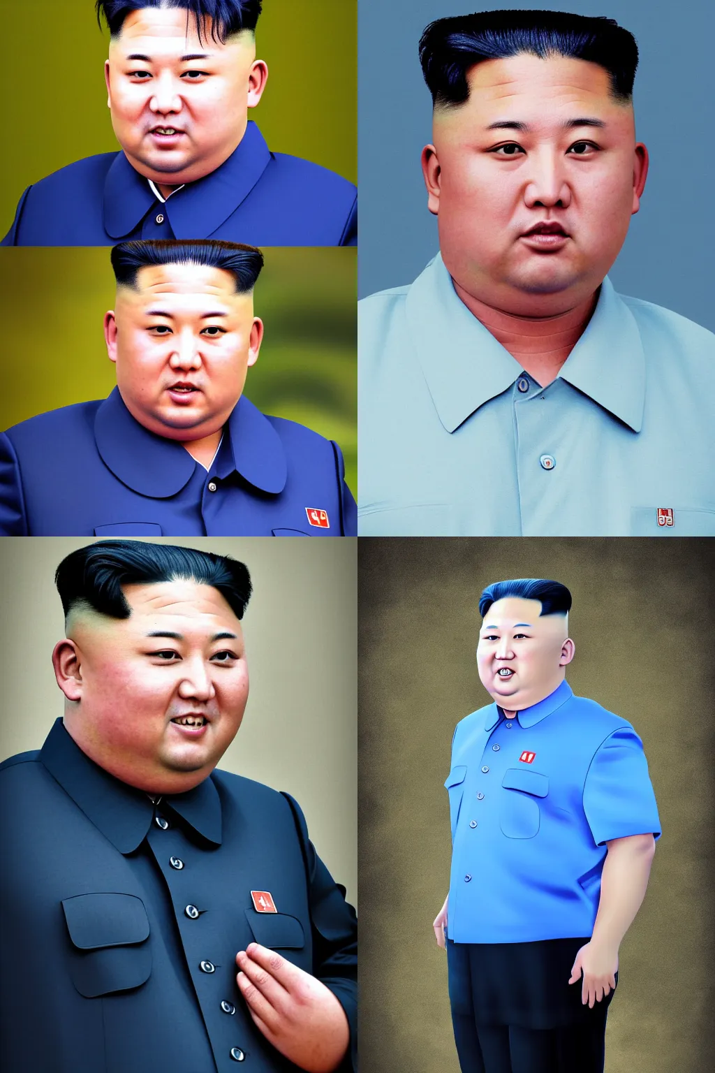 Prompt: Kim Jong-Un with a mullet hairstyle and wearing a blue polo shirt, ultra realistic, high definition portrait photograph