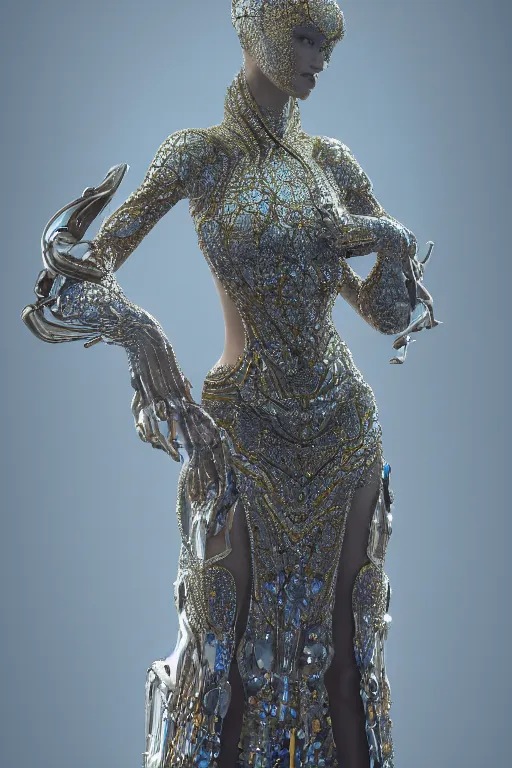 Image similar to a highly detailed metahuman 4 k close up render of an alien goddess bella hadid deity in iris van herpen dress schiaparelli in diamonds swarovski and jewelry in style of alphonse mucha gustav klimt trending on artstation made in unreal engine 4