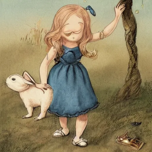 Prompt: a young blond girl following a white rabbit who holds a pocket watch, fantasy, illustration, highly detailed