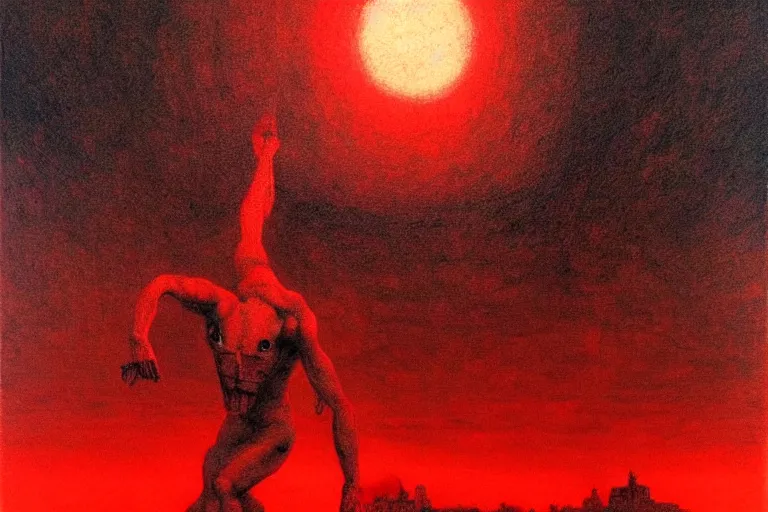 Image similar to only with red, a red tiger, rome in the background, medieval demons dance, an ancient path, in the style of beksinski, part by hopper, part by rodcenko, part by hofbauer, intricate composition, red by caravaggio, insanely quality, highly detailed, masterpiece, red light, artstation