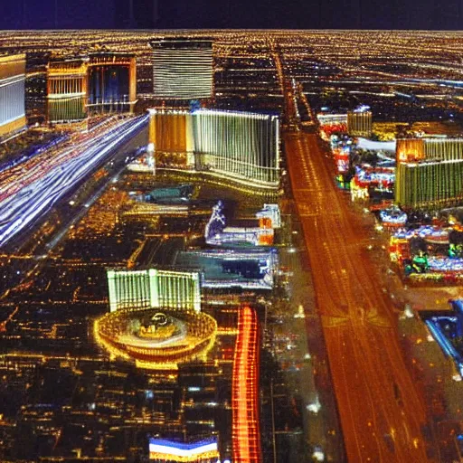 Image similar to A painting of The Las Vegas strip at night from above, style of Renaissance Art