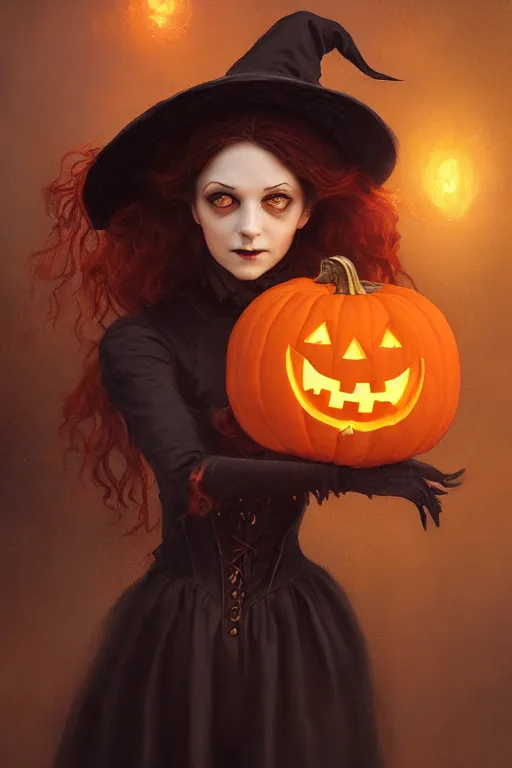 Image similar to portrait of a ghoulish victorian witch holding a jack - o - lantern, halloween night, charlie bowater, artgerm, ilya kuvshinov, krenz cushart, ruan jia, realism, ultra detailed, 8 k resolution