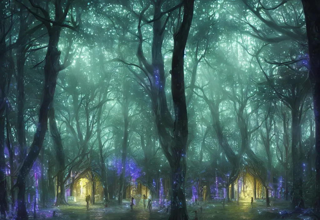 Image similar to Lothlorien at night, very dark with green lights, blue lights and purple lights, elven forest town with houses up in the trees, oil painting, dramatic lighting, Jakub Kasper, Makoto Shinkai, hyperrealistic, cinematic, elegant, intricate