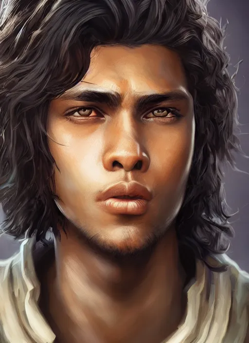 Image similar to An epic fantasy comic book style portrait painting of a young dark skinned long haired boy peasant with intelligent eyes, unreal 5, DAZ, hyperrealistic, octane render, cosplay, RPG portrait, dynamic lighting