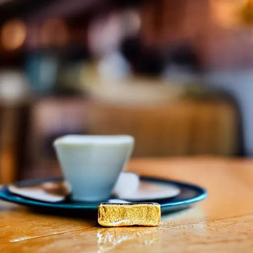 Image similar to a solid gold bar on a cafe table on a sunny day, f / 1. 9 6. 8 1 mm iso 4 0