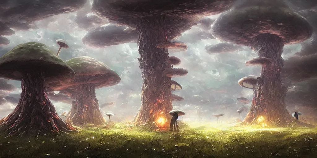 Prompt: ominous and powerful glowing mushroom kingdom, dark fantasy, Greg Rutkowski and Studio Ghibli and Ivan Shishkin