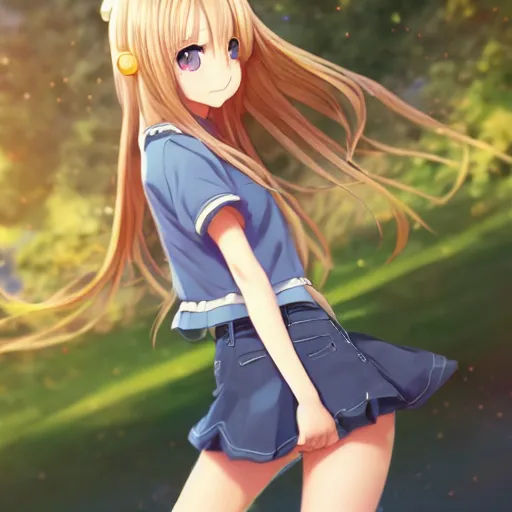 Prompt: a very beautiful anime girl, full body, long golden hair, sky blue eyes, full round face, short smile, mini jeans skirt, cute top,with jeb bush, cinematic lighting, medium shot, mid-shot, highly detailed, trending on Artstation, Unreal Engine 4k, cinematic wallpaper by Stanley Artgerm Lau, WLOP, Rossdraws, James Jean, Andrei Riabovitchev, Marc Simonetti, and Sakimichan