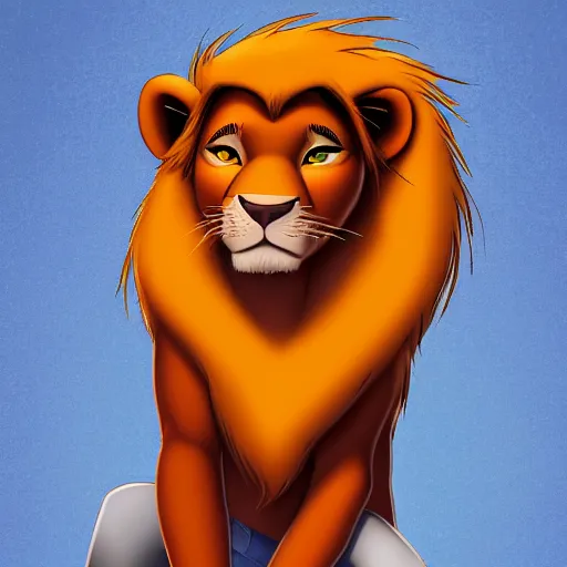 Prompt: a full-height portrait from afar of Simba form the Lion King look like an ordinary human boy with beautiful hear and head, wearing jeans and a white T-shirt, humanisation, digital art style