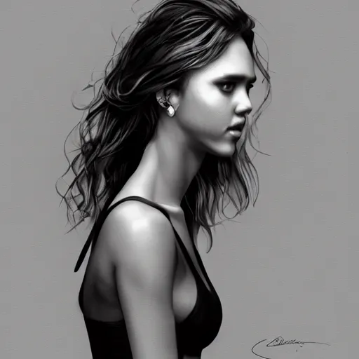 Prompt: jessica alba, without dress, gigachad black and white trending on artstation, painted by greg rutkowski