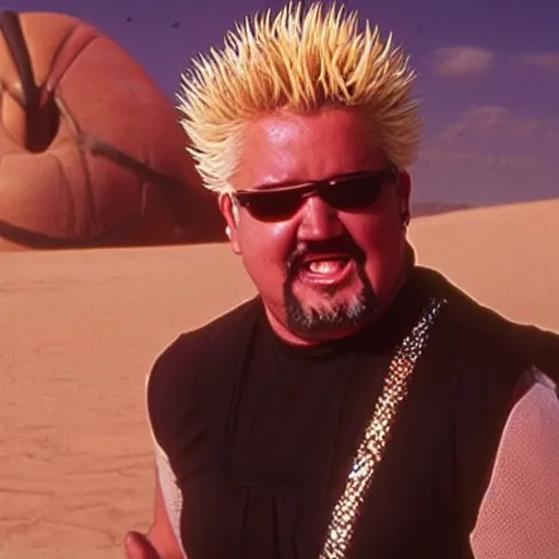 Image similar to Guy Fieri in Dune, Arrakis, photo still, cinematic, cinestill 400t film