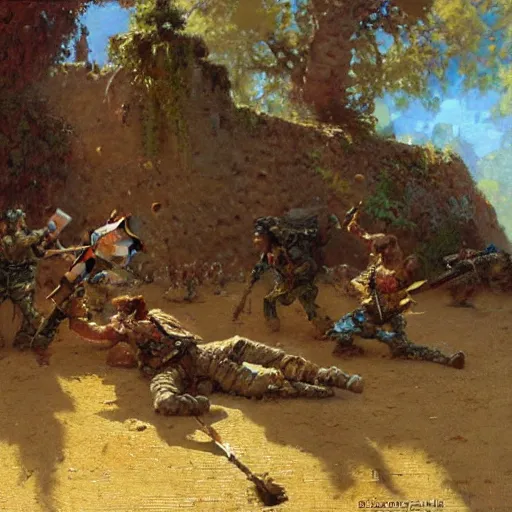 Image similar to soldiers being killed by fantasy minecraft creeper, painting by Gaston Bussiere, Craig Mullins