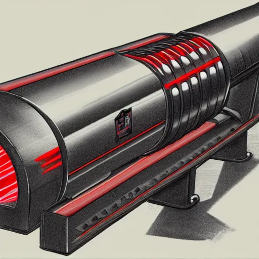 Prompt: the front of a massive laser canon with oppressive regime painted in white letters across the barrel, high detailed sketch, black and red, fine line,