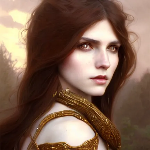 Image similar to brown haired demoness medium portrait, gentle, female, city landscape, norway, d & d, fantasy, intricate, elegant, highly detailed, digital painting, brown and gold color palette, artstation, octane render, concept art, matte, sharp focus, illustration, herrarthstone, art by artgerm and greg rutkowski and alphonse mucha