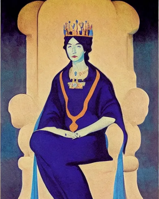 Image similar to an illustration of a queen on a throne at night in the style of johann heinrich fussli and nicholas roerich and georgia o keeffe, realistic, detailed, oil painting