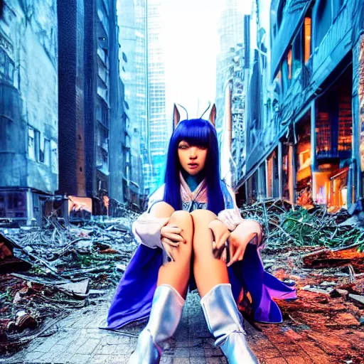 Prompt: breathtaking photo of an attractive young asian elf woman with pointy ears and blue hair, wearing a miniskirt and knee-high boots, crouching in an endlessly sprawling hazy abandoned city at night