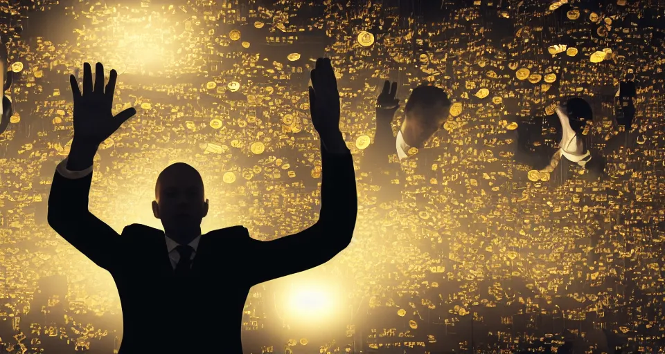 Image similar to Dramatic photo of a CEO waving goodbye to a group of silhouettes of his coworkers in a futuristic office. Golden coins are levitating all around them. 8k, high detail, trending on Artstation, volumetric lighting, cyberpunk