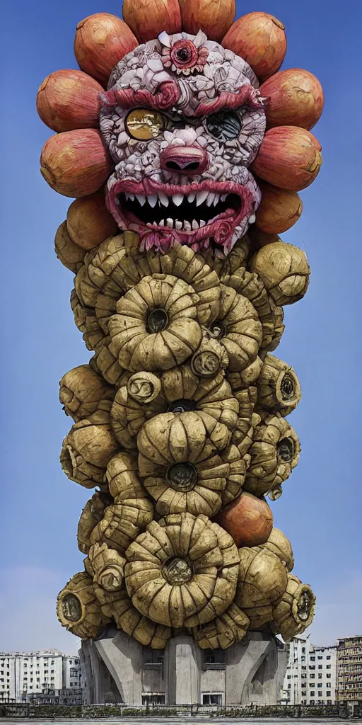 Image similar to colossal grotesque Beelzebub flower made from angry smiles in the middle of post soviet constructivist cityscape, Stalinist architecture, brutalist architecture, ultradetailed, Intricate by Hayao Miyazaki and Josan Gonzalez and Makoto Shinkai and Giuseppe Arcimboldo and MC Esher and Wes Anderson