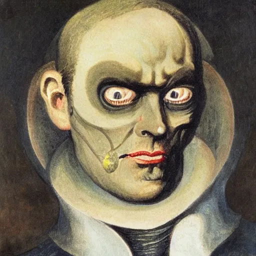 Prompt: an oil portrait of cyborg Dracula by William Blake high quality