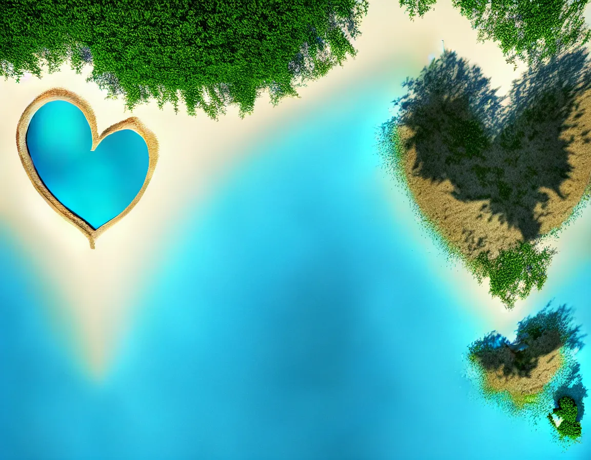 Image similar to telephoto shot of 3 d rendered realistic exotic tree heart / shaped sandy beach island with blue lagoon, sunset lighting with fluffy clouds over horizon