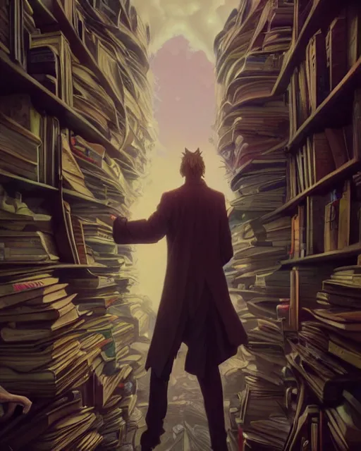 Image similar to highly detailed surreal vfx portrait of a villain in a graveyard of books, stephen bliss, unreal engine, greg rutkowski, loish, rhads, beeple, makoto shinkai and lois van baarle, ilya kuvshinov, rossdraws, tom bagshaw, alphonse mucha, global illumination, detailed and intricate environment