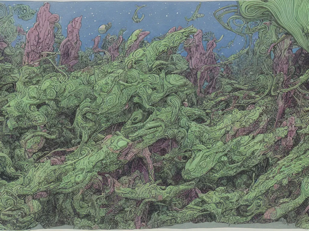 Image similar to moebius drawing painting lush alien landscape