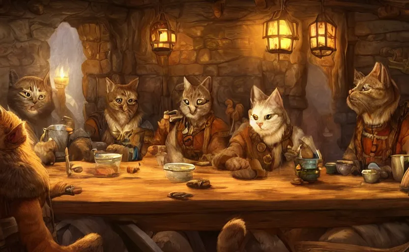 Image similar to mindblowing cat folk talking inside a tavern, fantasy art, cozy, dnd, digital art, 4 k, sharp, uhd