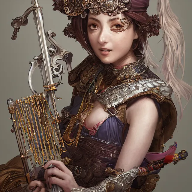 Image similar to studio portrait of neutral good colorful female cleric bard healer as absurdly beautiful, elegant, young skinny gravure idol, ultrafine hyperdetailed face illustration by kim jung gi, irakli nadar, intricate linework, sharp deep focus, bright colors, octopath traveler, final fantasy, unreal engine highly rendered, global illumination, radiant light, detailed and intricate environment