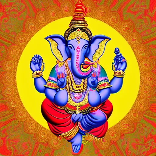Prompt: Illustration of colorful hindu lord Ganesha on decorative background- Graphical poster modern art 3D, artstation, artgem, vector art