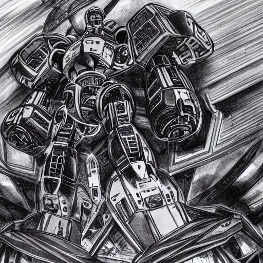 Image similar to an intricate ballpoint drawing of a giant anime robot with rounded and cicular parts