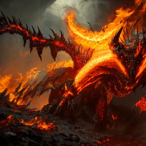 Image similar to 4k unreal engine render of Deathwing spreading his fire in a epic way, dynamic lighting, stunning visuals, cinematic, ultra detailed, trending on art station, fantasy concept art