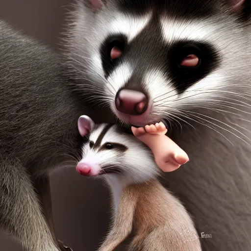 Image similar to an opossum and an american raccoon hugging, cute photograph, 4k wallpaper, unreal engine, artstation