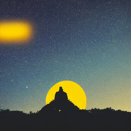 Prompt: Film still of silhouette of indian statue, sukhasana, starry sky, flying saucer, with radiating hill, full shot