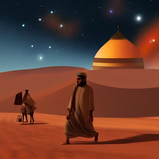 Prompt: bedouin walking in the desert towards a mosque while surrounded by nebula clouds, digital art, trending on artstation