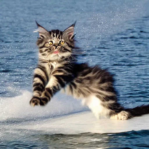 Prompt: waterskiing Maine coon kitten, action shot.