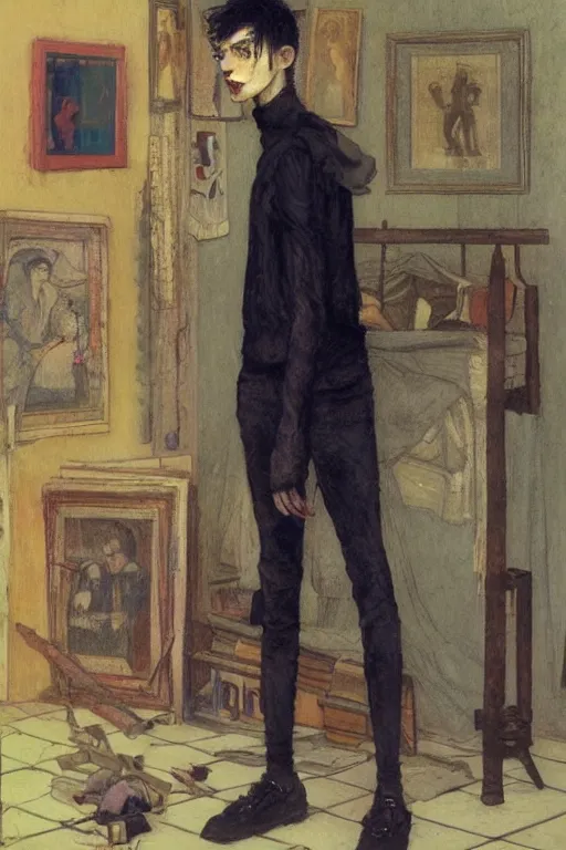 Prompt: a skinny goth guy standing in a cluttered 9 0 s bedroom, full body character concept art, vaporwave colors, jules bastien art,