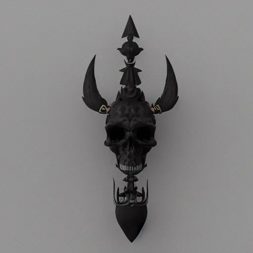 Prompt: a black sword skull handle, ornament, on a gray background, a 3 d render by dom qwek, raytracing, trending on polycount, futurism, hard surface modeling, rendered in maya, artstation hd