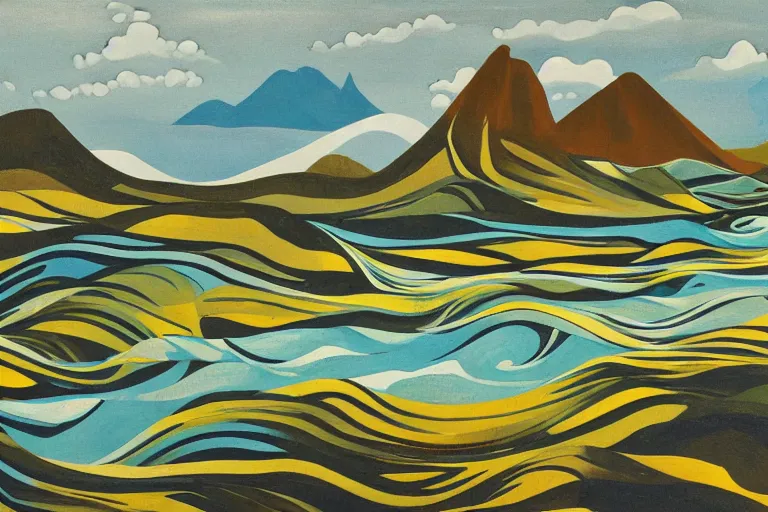 Image similar to A modernist landscape painting. Wild energy patterns rippling in all directions. Curves, zig-zags. Organic. Mountains. Clouds. Vegetation. Rushing water. Waves. LSD.