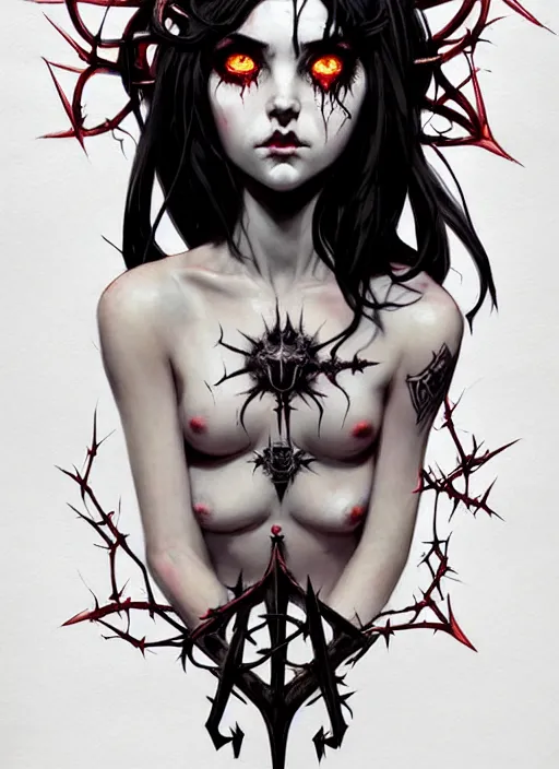 Image similar to portrait of cute succubus girl with crown of thorns and horns covered with runic tattoos, warhammer, dark fantasy, by atey ghailan, by greg rutkowski, by greg tocchini, by james gilleard, by joe gb fenton, by in kaethe butcher, dynamic lighting, gradient light blue, red, blonde cream and white color in scheme, grunge aesthetic