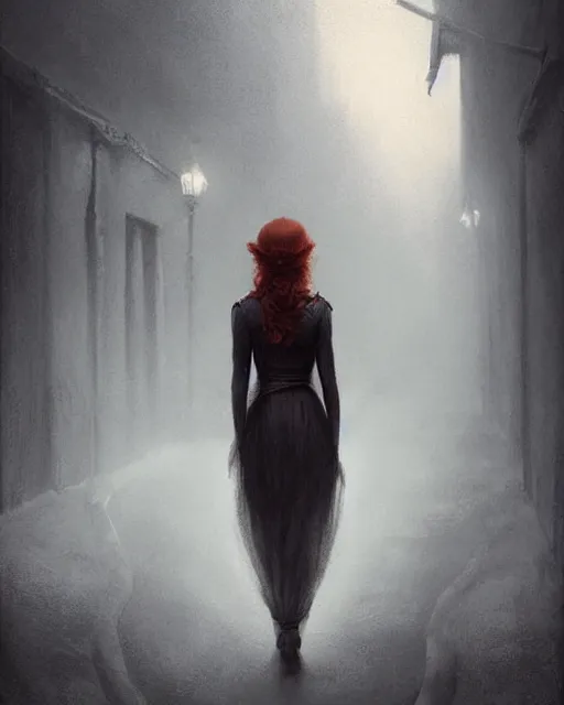 Prompt: A ultradetailed eerie beautiful matte painting of a mysterious redhaired woman walking towards me in a dark alley at night by tom bagshaw concept art, trending on deviantart, illustration, film noire.