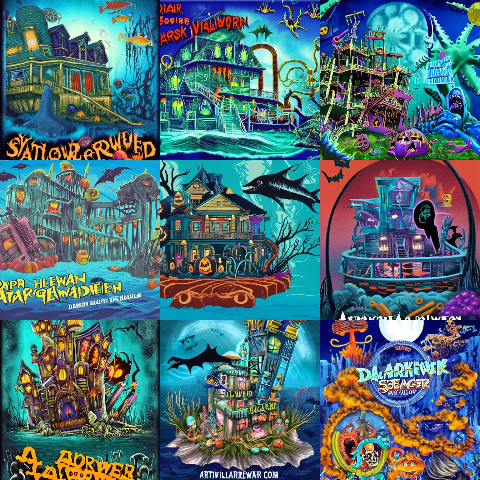 Prompt: a horror based underwater suburban amusement park that incorporates darker halloween and ocean elements in its design imagery and features attractions and houses for a vhs cover, halloween decorations, atlantis, shipwrecks, spooky, amusement park attractions, deep sea, horror themed, fun, in the style of stephen silver and genndy tartakovsky