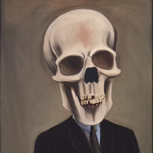 Image similar to a scary portrait of a man with a skull as his head, he is wearing a suit, in the style of Francis Bacon, 4k,