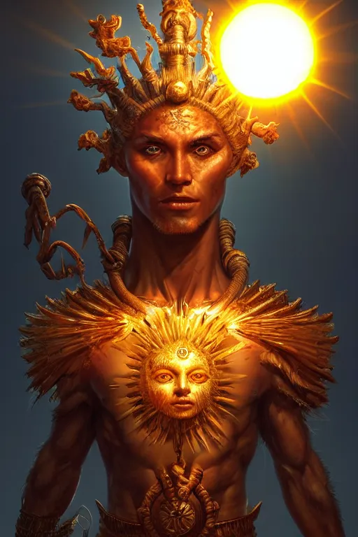 Image similar to humanoid god of the sun, highly detailed, d & d, fantasy, hyper detailed, digital painting, trending on artstation, apollo, concept art, sharp focus, illustration, art by artgerm and magali villeneuve and greg rutkowski and michael whelan, cryengine, 8 k realistic atmospheric lighting, frostbite 3 engine