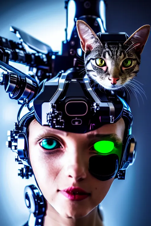 Prompt: cybernetic high tech catgirl with a cat on her head, sci - fi, cyberpunk, futurism, exoskeleton, strong artificial intelligence, symmetry, cinematic, elegant, luxury, professional studio light, perfect composition, dlsr photography, sharp focus, 8 k, ultra hd, sense of awe, highly detailed, hyper realistic, intricate, science journal cover