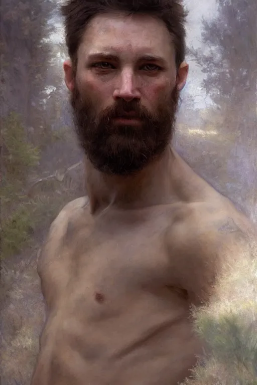 Prompt: Male primal hunter by Alyssa Monks, Bouguereau. full-shot, hyper realism, realistic proportions, dramatic lighting, high detail 4k